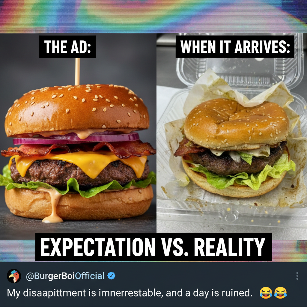 Ordered a gourmet burger, got a sad patty squished between two buns. Expectations vs Reality.