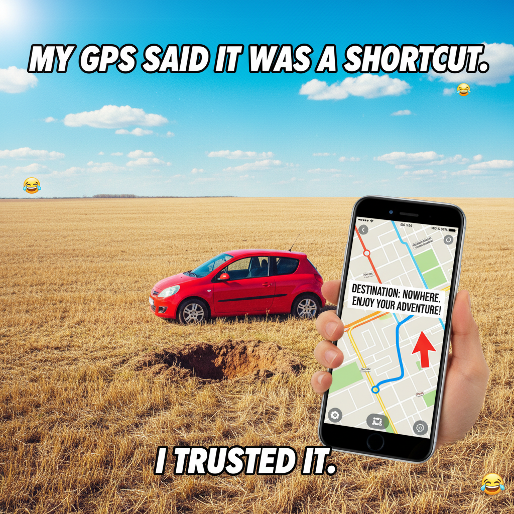 Road trip rule #1: Never trust the GPS. We're in a field.