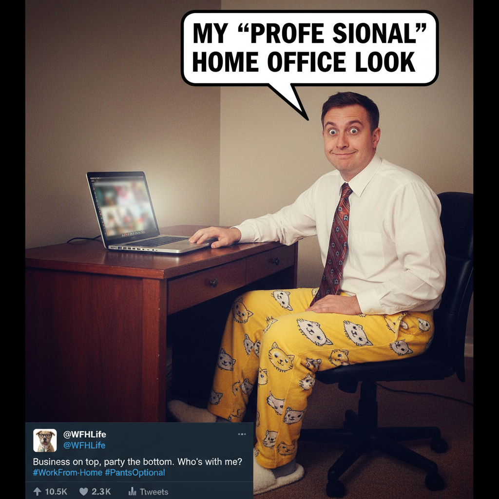 My WFH outfit is 50% professional top, 50% pajama bottoms. The perfect business casual.