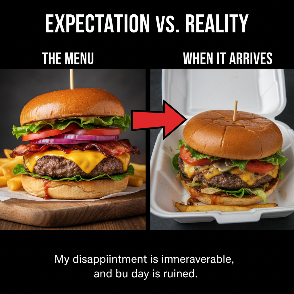 Ordered a gourmet burger, got a sad patty. My expectations vs. reality is a whole genre.