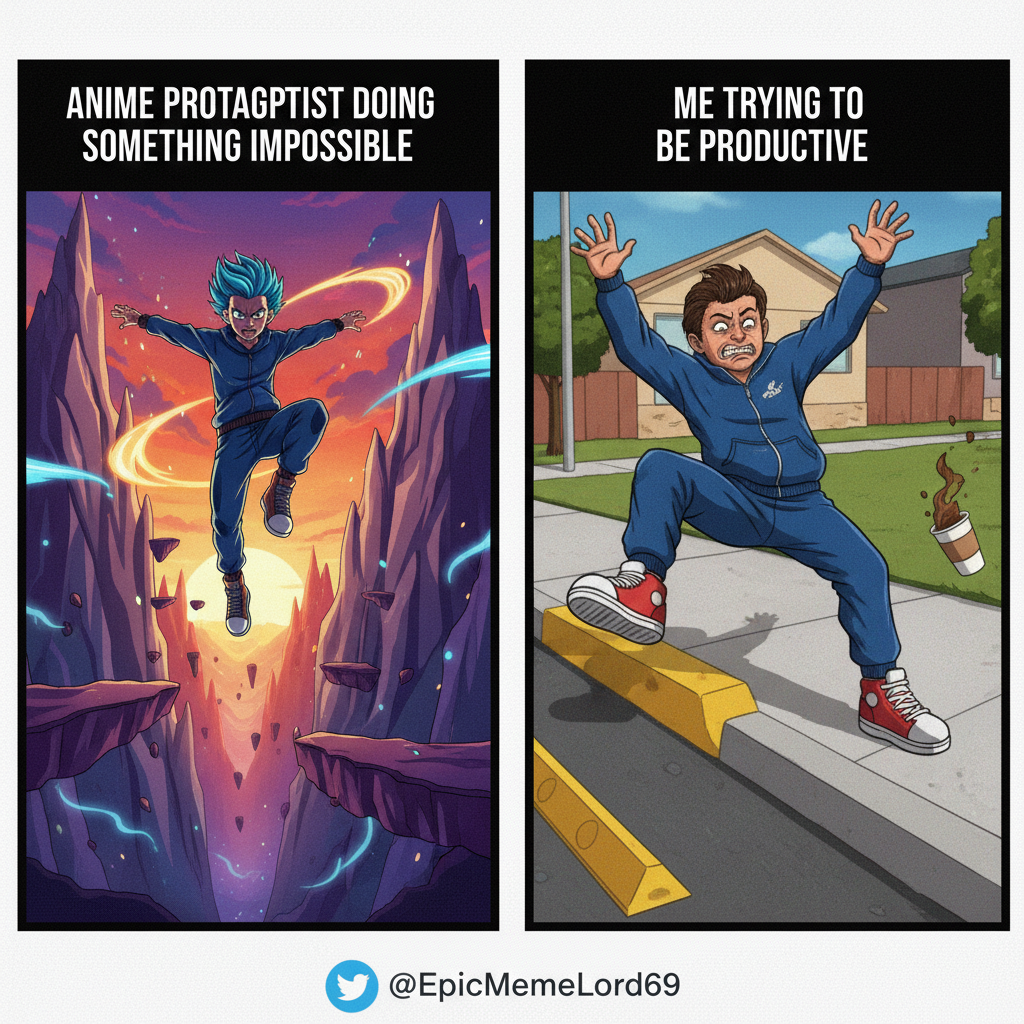 Me trying to use anime logic in real life: 'I can definitely jump that high.' (I cannot).
