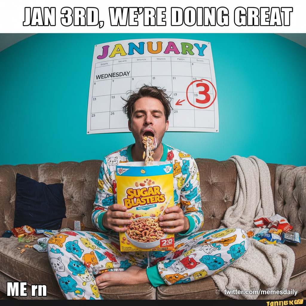 My New Year's resolution was to eat healthier. It's January 3rd and I'm eating cereal for dinner.