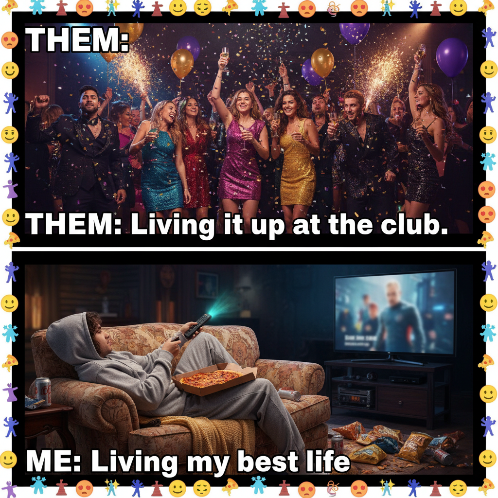 Friday night plans: wild party. Friday night reality: wild party... of one, with pizza and Netflix.
