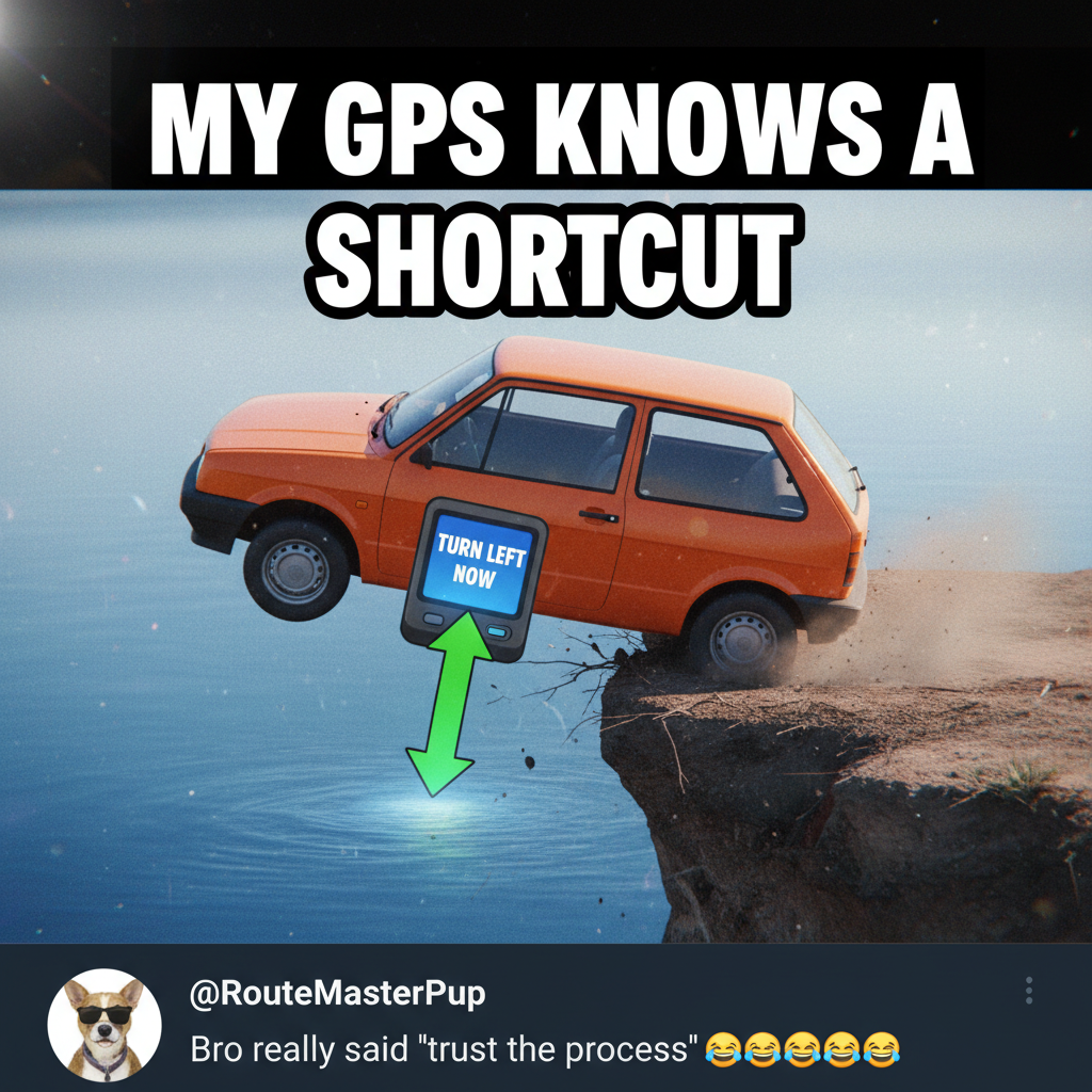 GPS: 'In 200 feet, turn left.' Me: 'But there's a lake...' Road trip adventures!