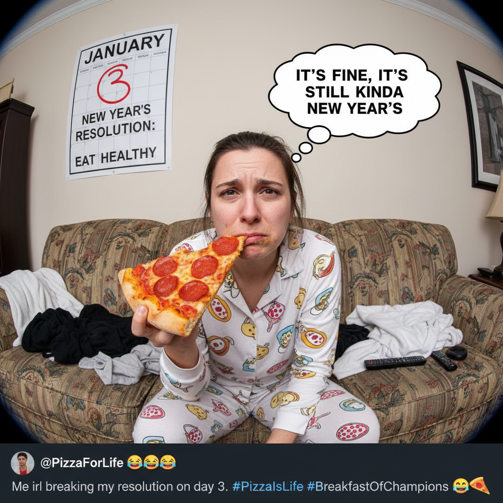 My New Year's resolution was to eat healthier. It's Jan 3rd and I'm eating pizza for breakfast. 🍕
