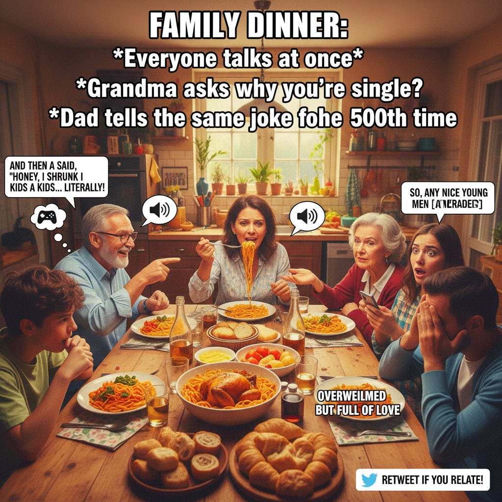 Family dinner: where chaos is the main course and awkward questions are dessert.