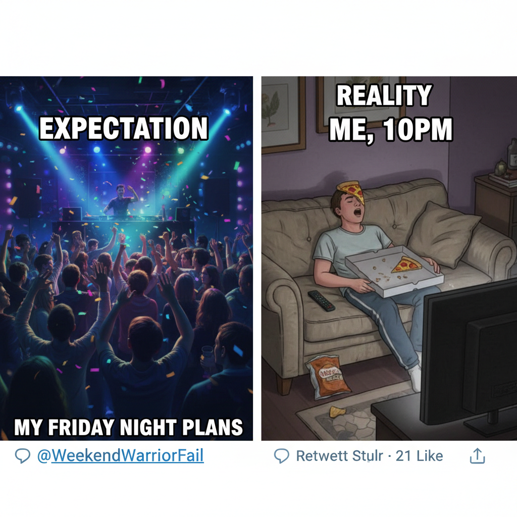 Friday night plans: club. Friday night reality: asleep by 9 PM with a pizza box.