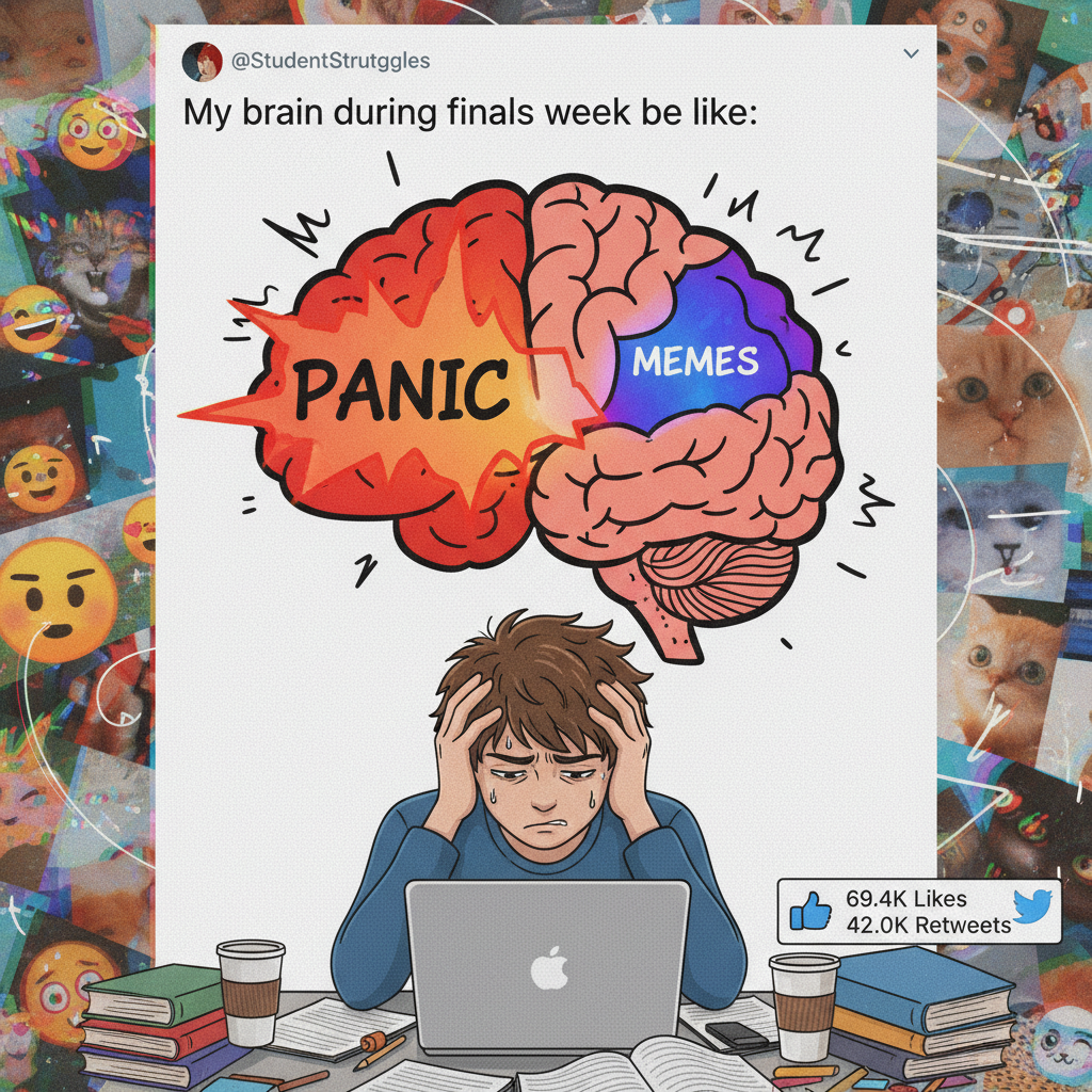 My brain during exam season: 99% panic, 1% remembering memes.