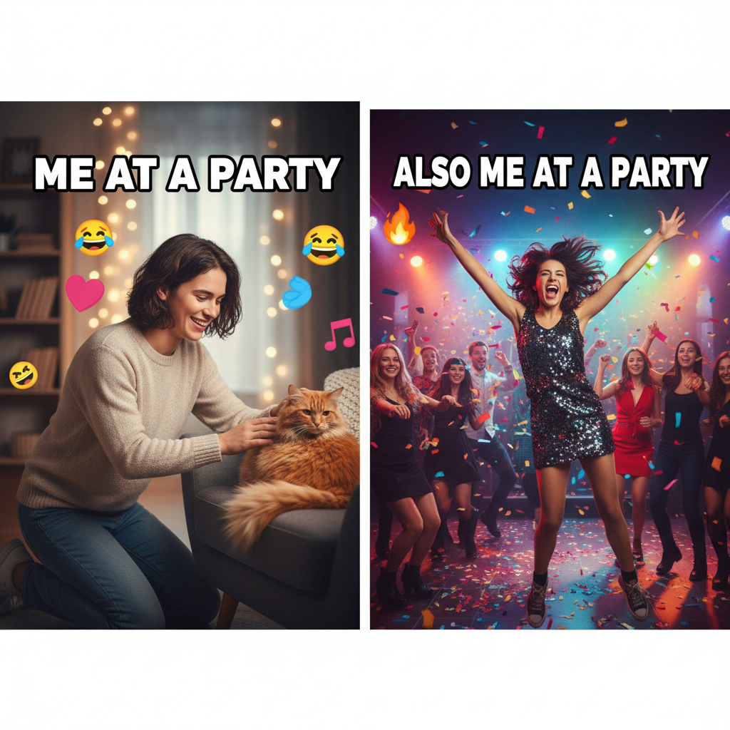 Introvert at a party: 'I just need 5 mins alone with the host's cat.' Extrovert: 'LET'S DANCE!'