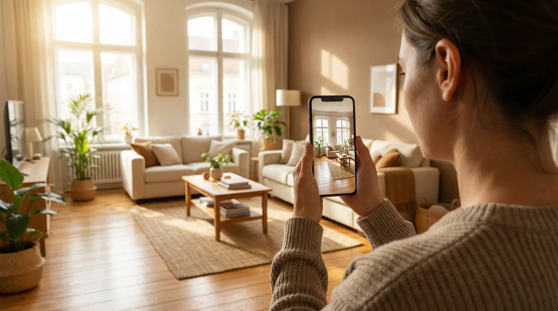 Person fotografiert eine helle, aufgeräumte Wohnung mit dem Smartphone