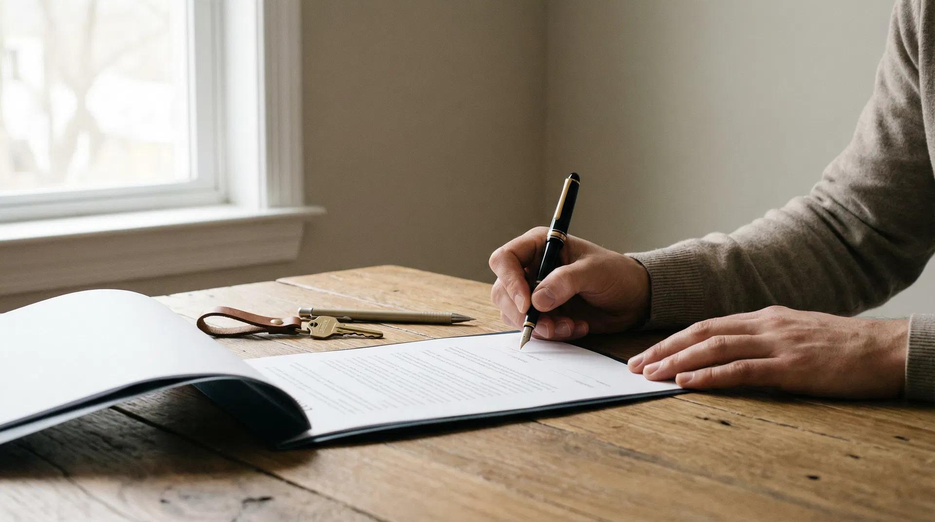 Zwei Hände unterzeichnen einen Mietvertrag auf einem Schreibtisch