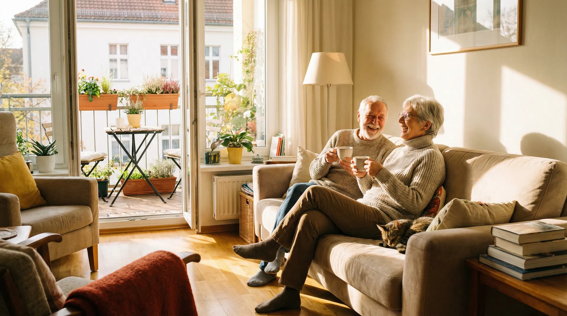 Glückliches Paar sitzt in ihrer neuen, hellen Wohnung