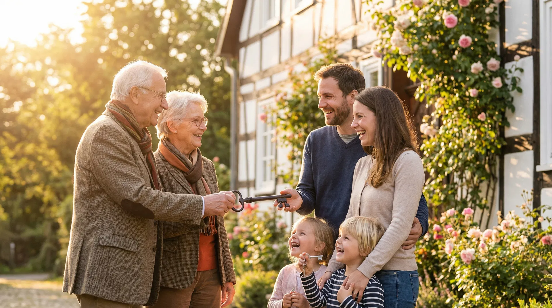 Älteres Ehepaar übergibt Schlüssel an junge Familie
