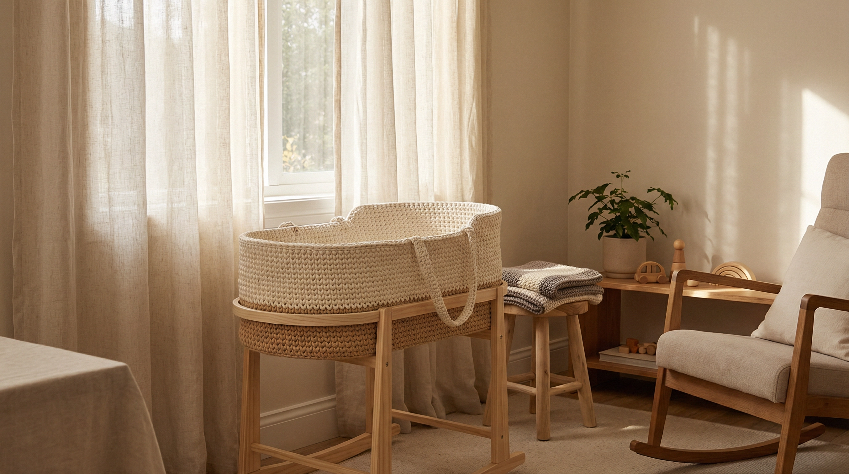 A beautifully lit nursery with a Lullaby Nest moses basket