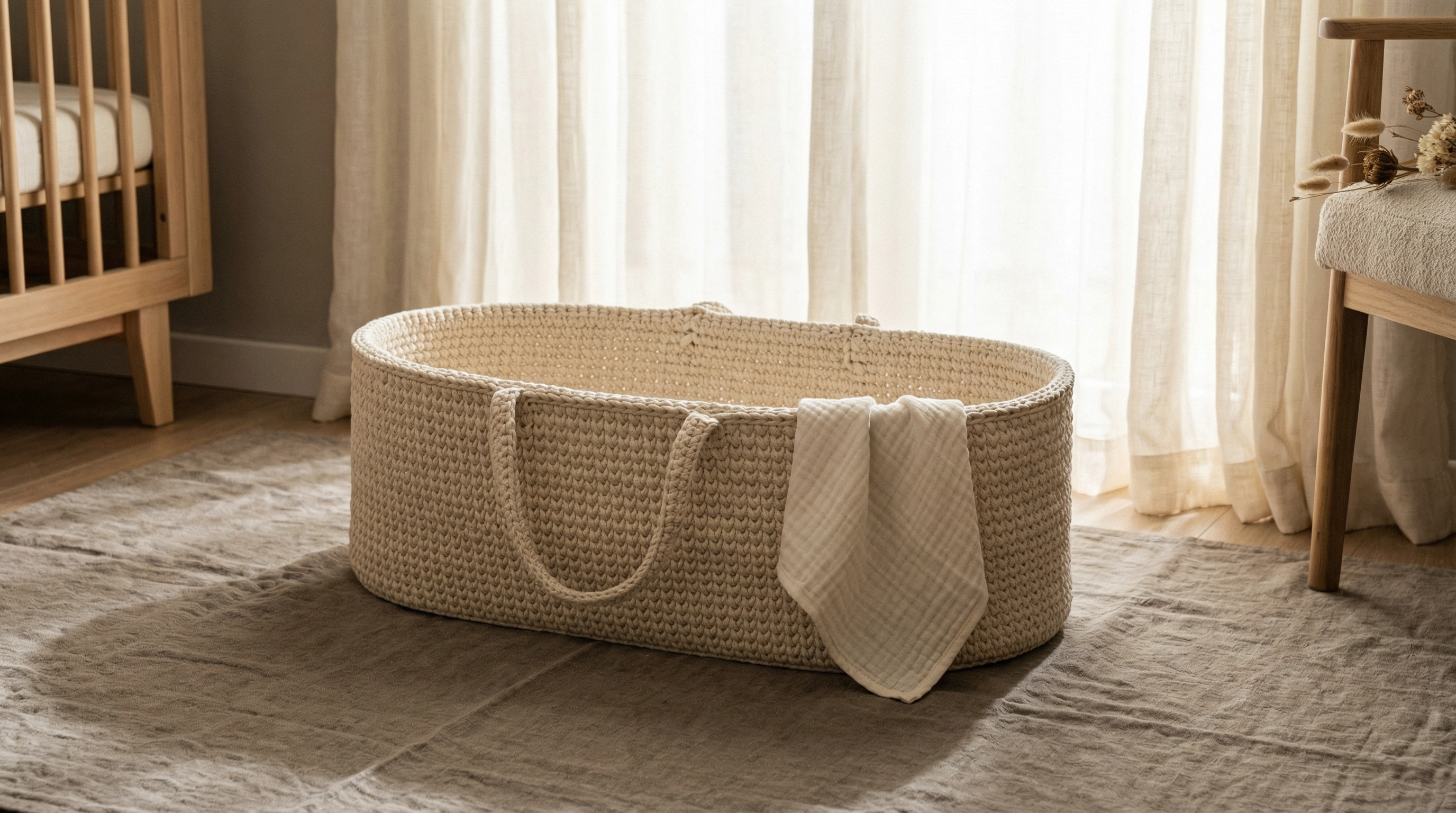 Handcrafted moses basket in a sunlit nursery