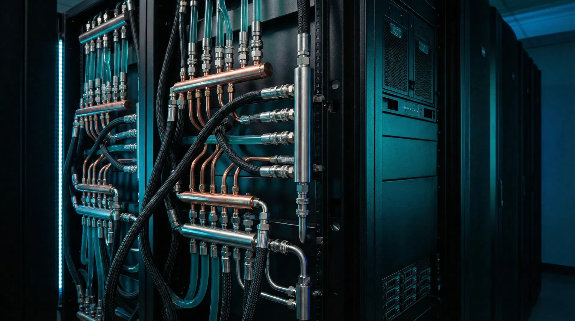 Liquid cooling manifolds and hose assemblies inside a high-density data center rack
