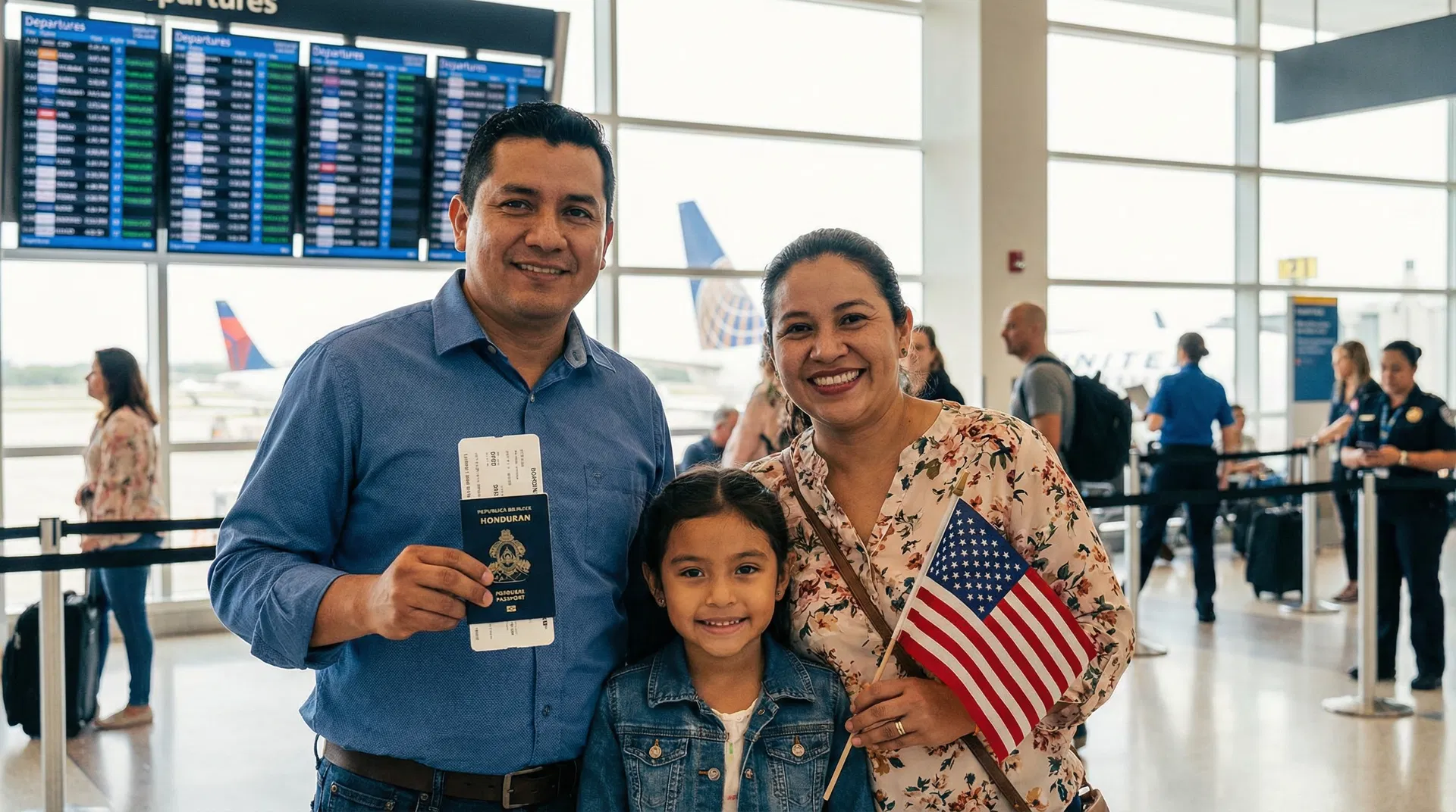 Familia hondureña en aeropuerto con pasaporte hondureño y banderita americana