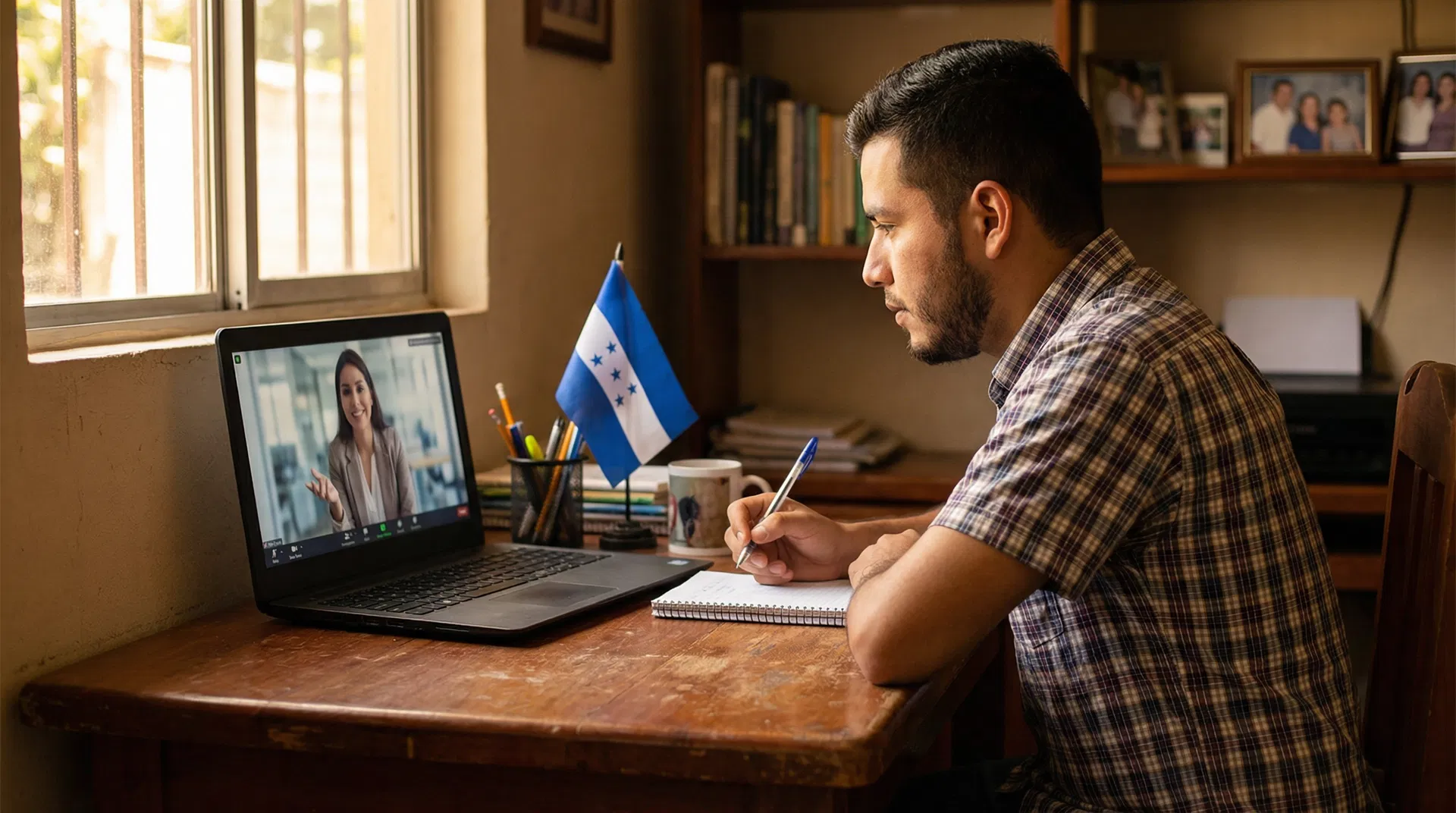 Aplicante hondureño recibiendo asesoría de visa H-2B vía videollamada