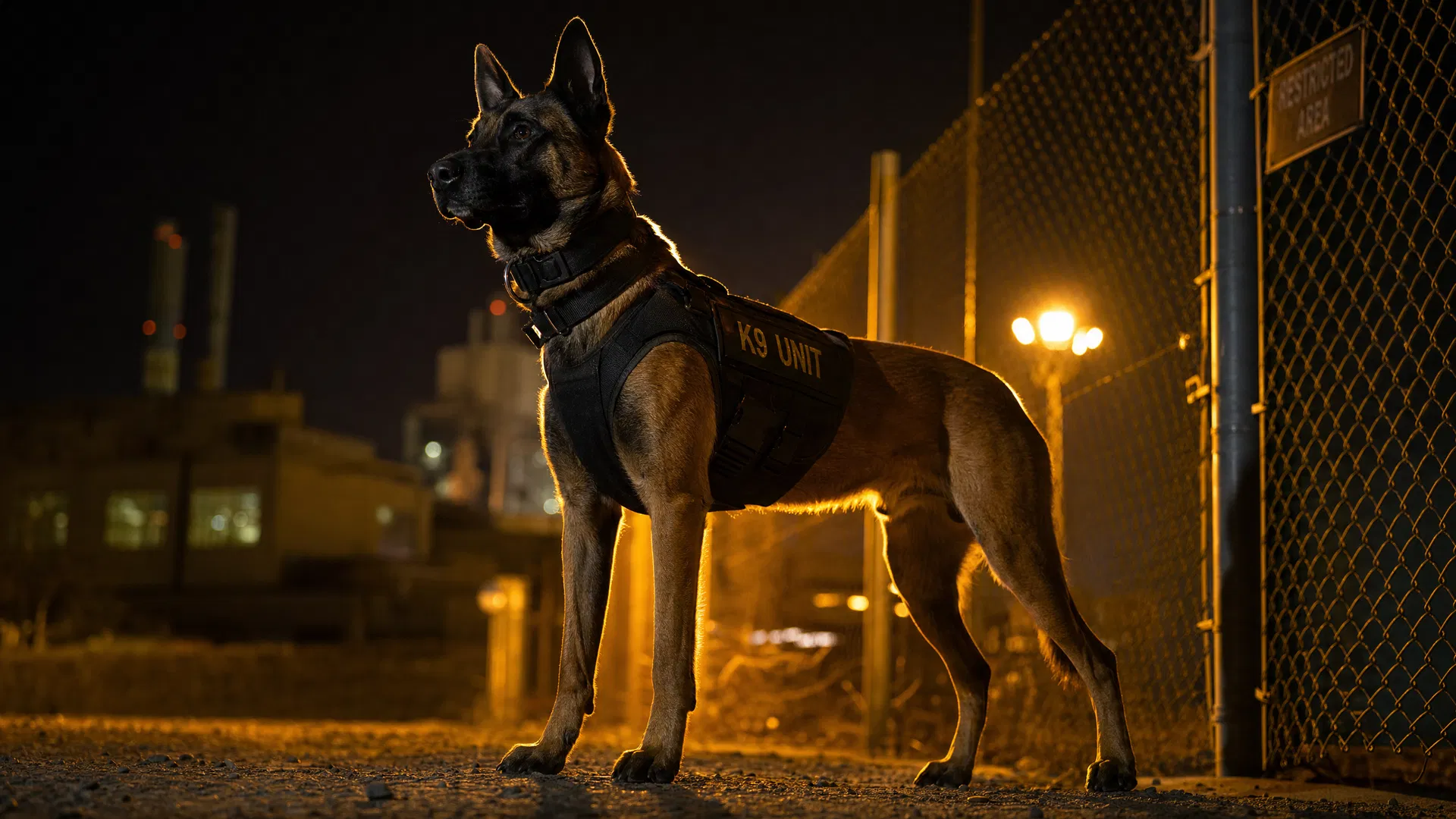 Cão K9 em patrulha noturna
