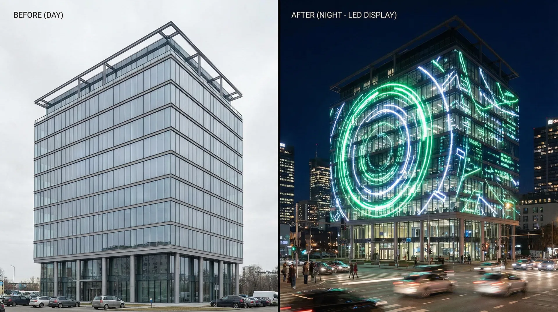 Antes e depois da fachada com Led in Glass