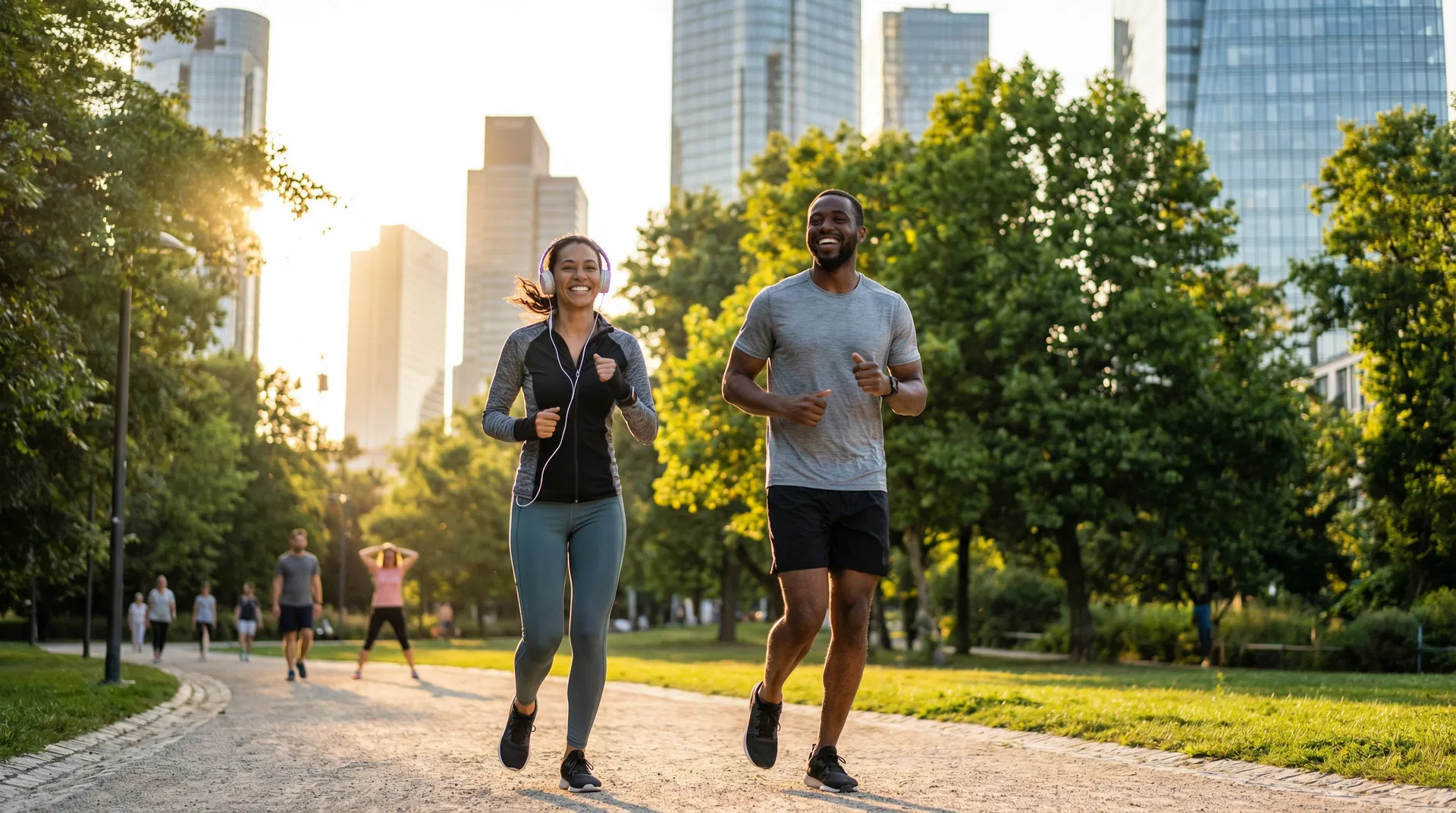 Aktives Paar joggt zusammen im Park – Fitness und Vitalität