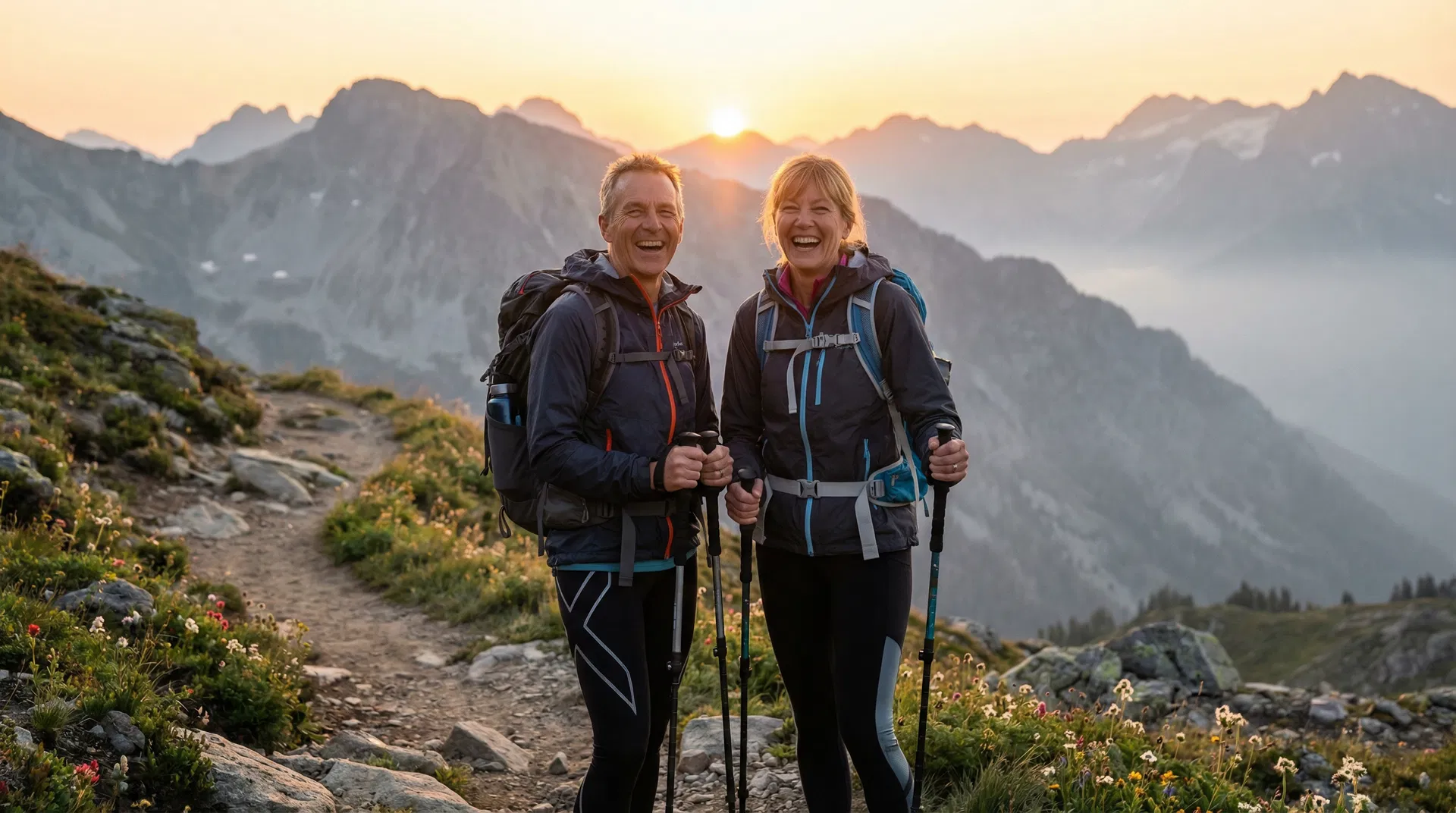Aktives Paar beim Wandern in den Bergen – Longevity in Aktion