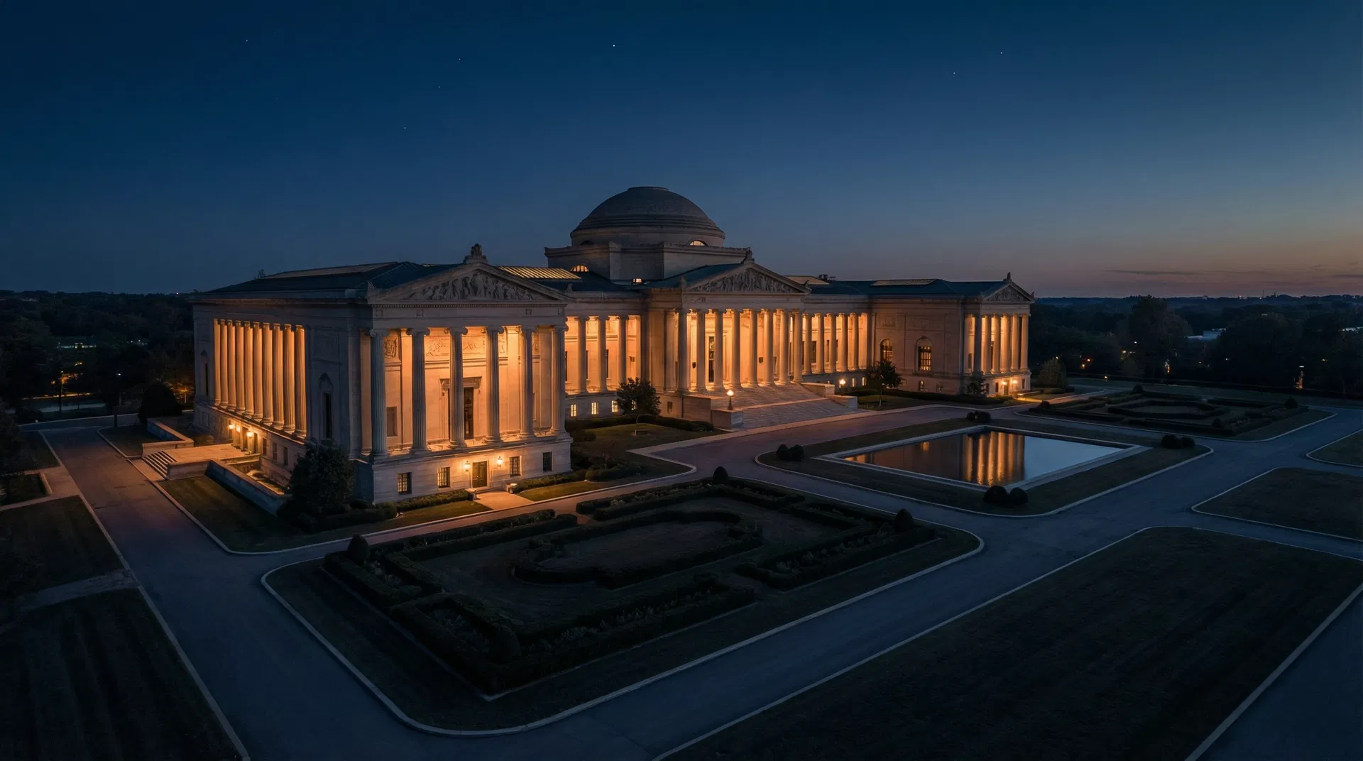 Grand philanthropic institution at dusk