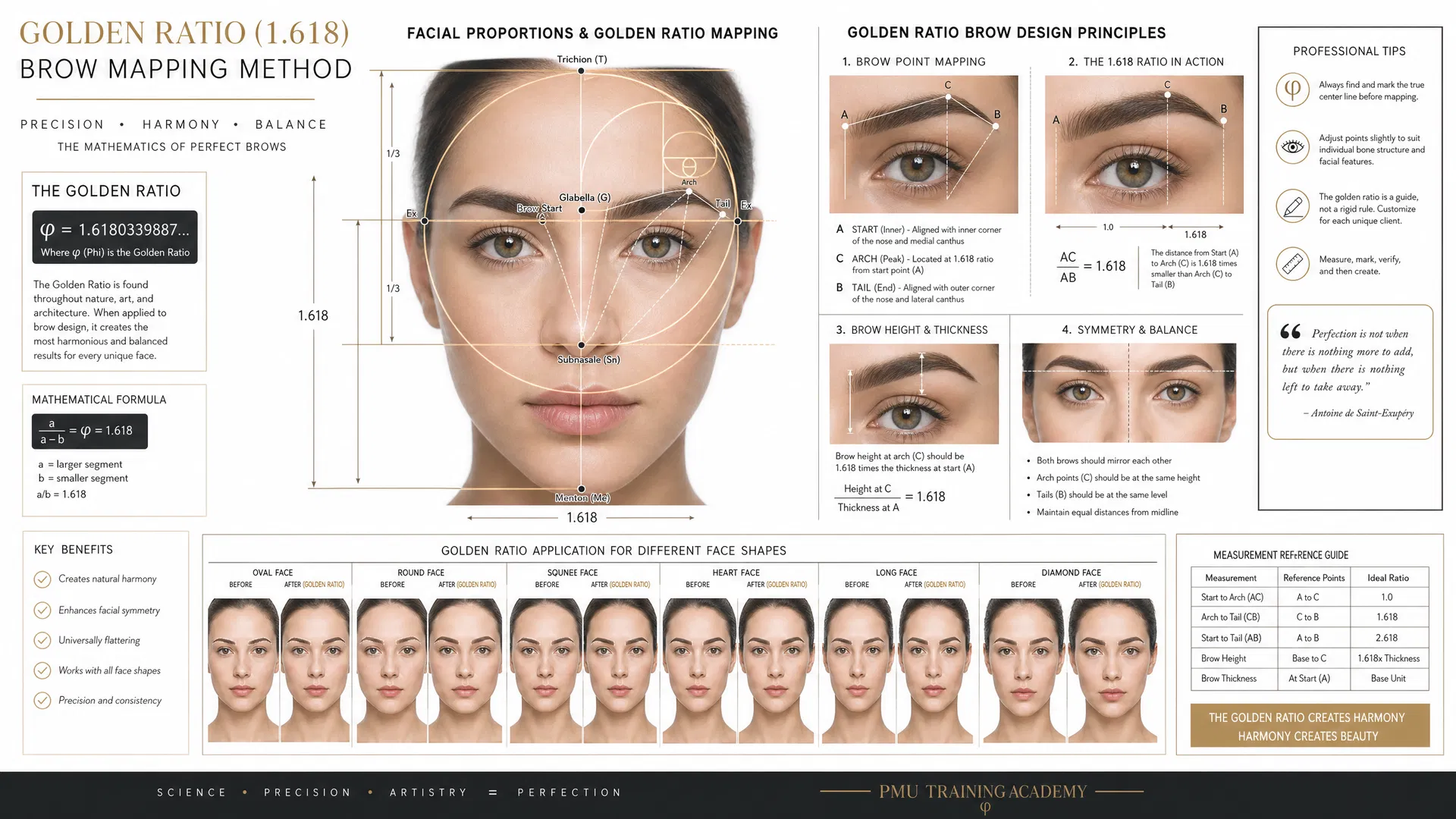 Golden Ratio (1.618) Brow Mapping Method showing facial proportions, measurement points, and application across different face shapes