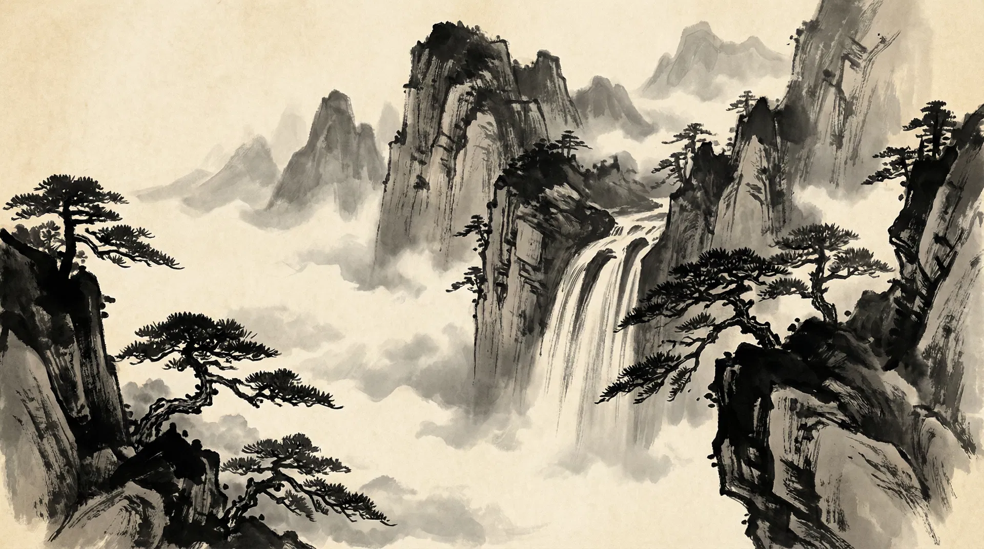 Paysage de montagnes à l'encre de Chine, inspiration taoïste