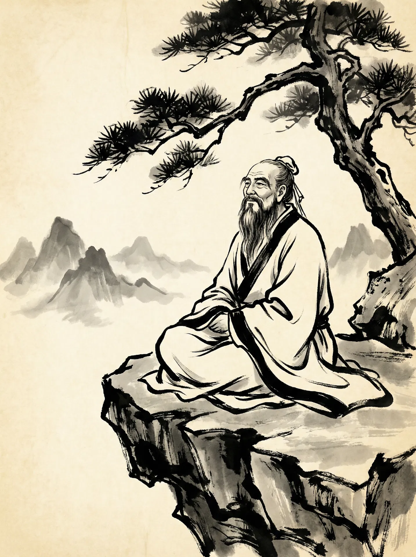 Sage méditant au pied d'une montagne, encre de Chine