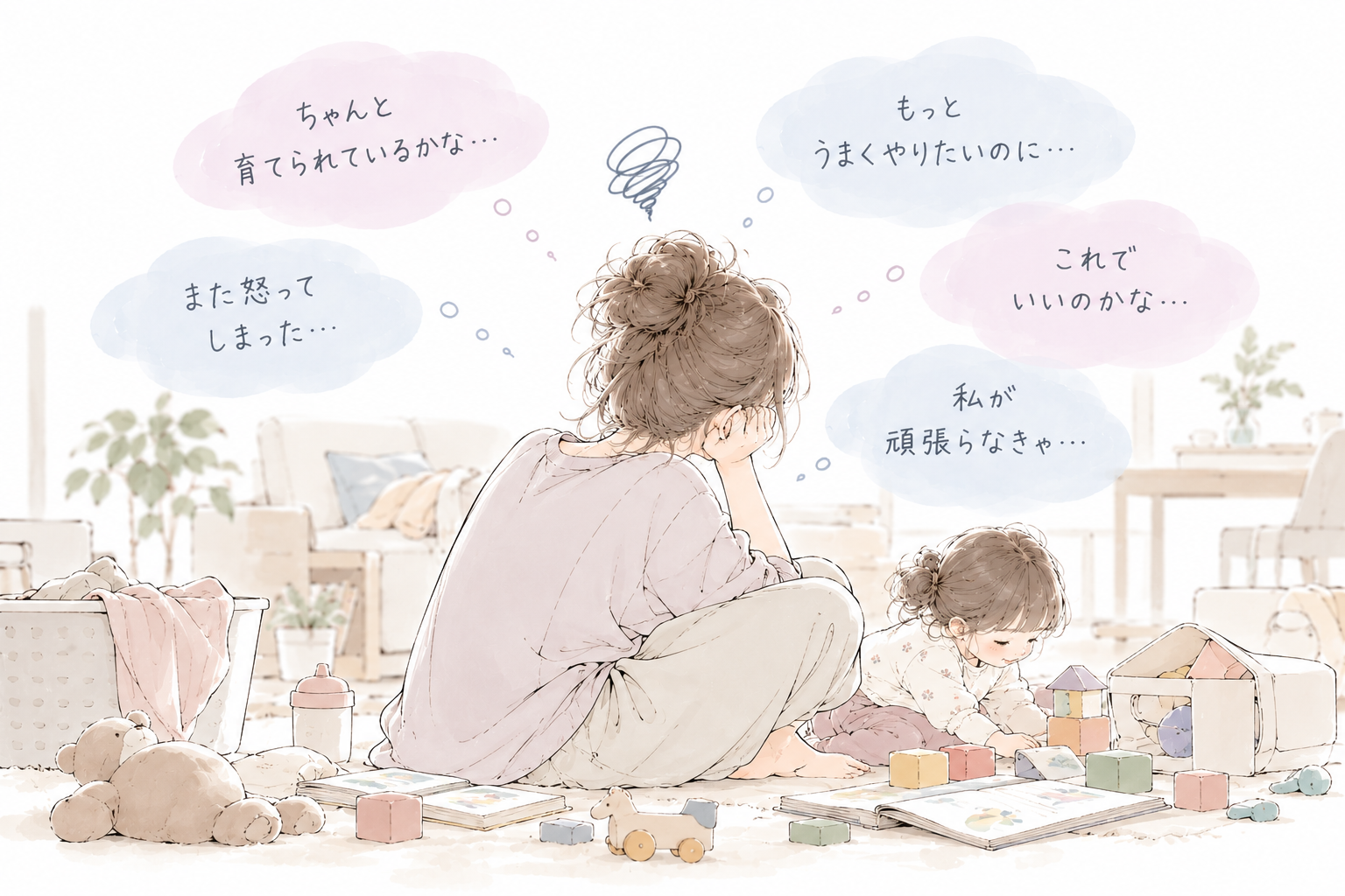 子どもと過ごしながらモヤモヤする女性