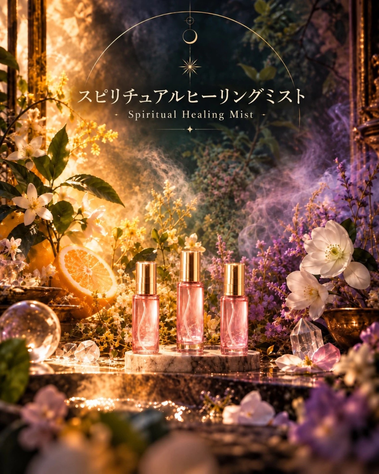 スピリチュアルヒーリングミスト。黄金色と紫の植物に包まれた3本のピンクのボトルのイメージ