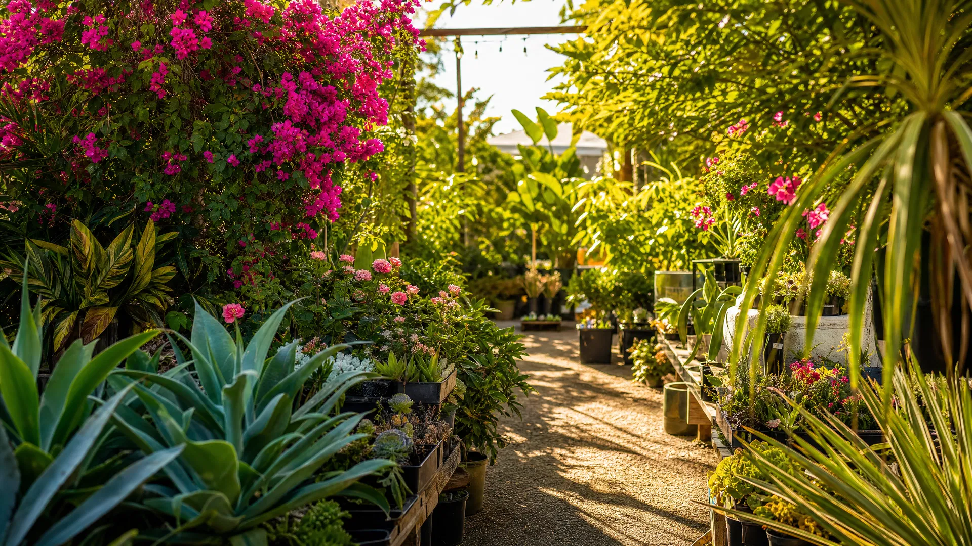 Lush plant nursery with succulents, agaves, bougainvillea, and roses at Xali Growers in Hesperia CA