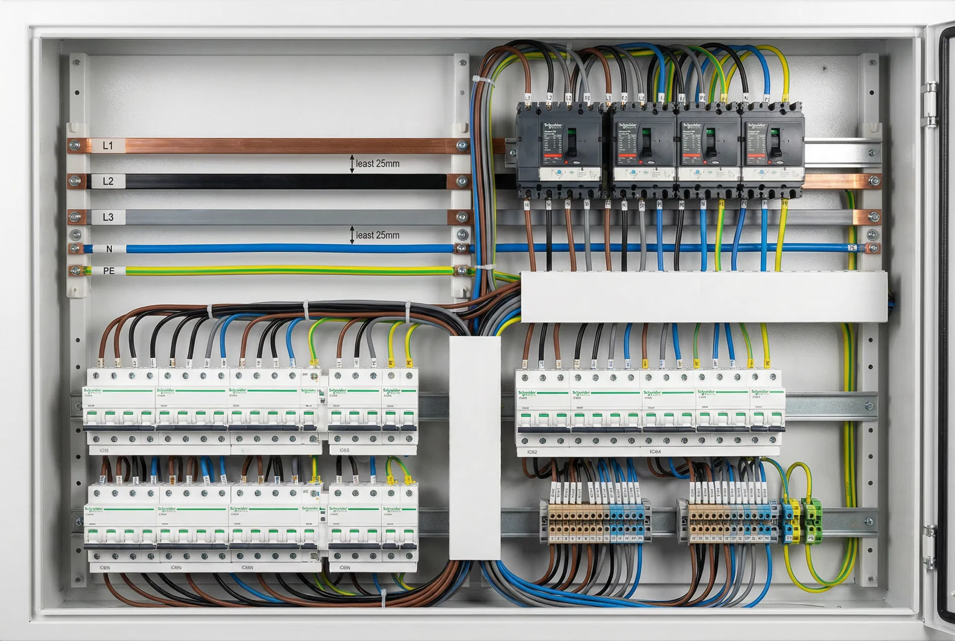 Cuadro eléctrico industrial de baja tensión — embarrado de cobre con distancias reglamentarias REBT IEC 61439