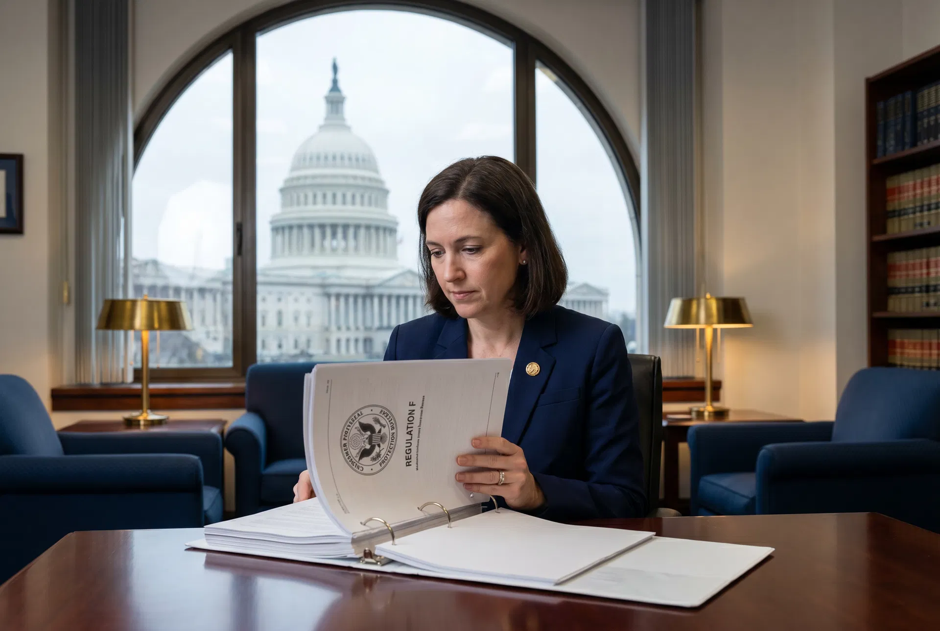 CFPB Regulation F compliance for debt collectors — compliance officer reviewing federal regulations near U.S. Capitol