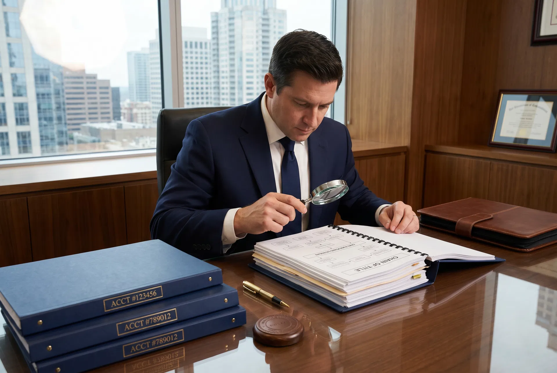Chain of title documentation for debt buyers — attorney reviewing debt account ownership records