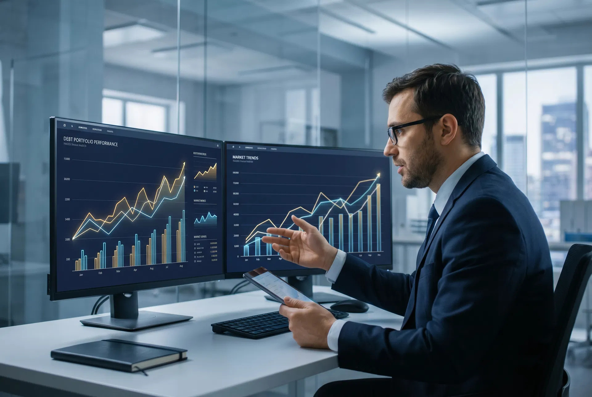 Secondary debt market trends Q1 2025 — analyst reviewing debt portfolio performance charts