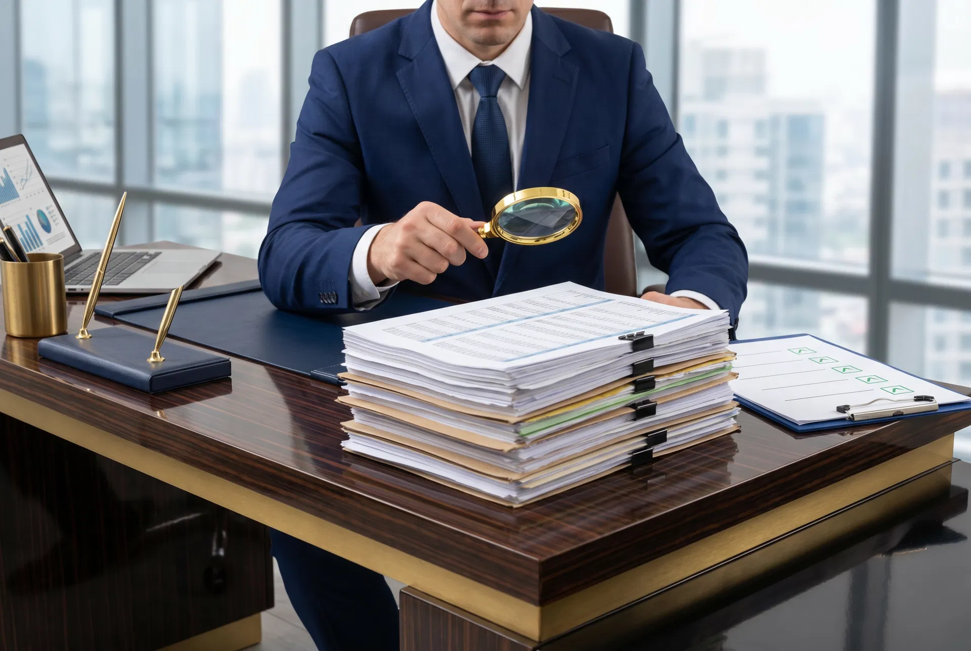 Debt portfolio due diligence framework — financial analyst examining portfolio documents with magnifying glass
