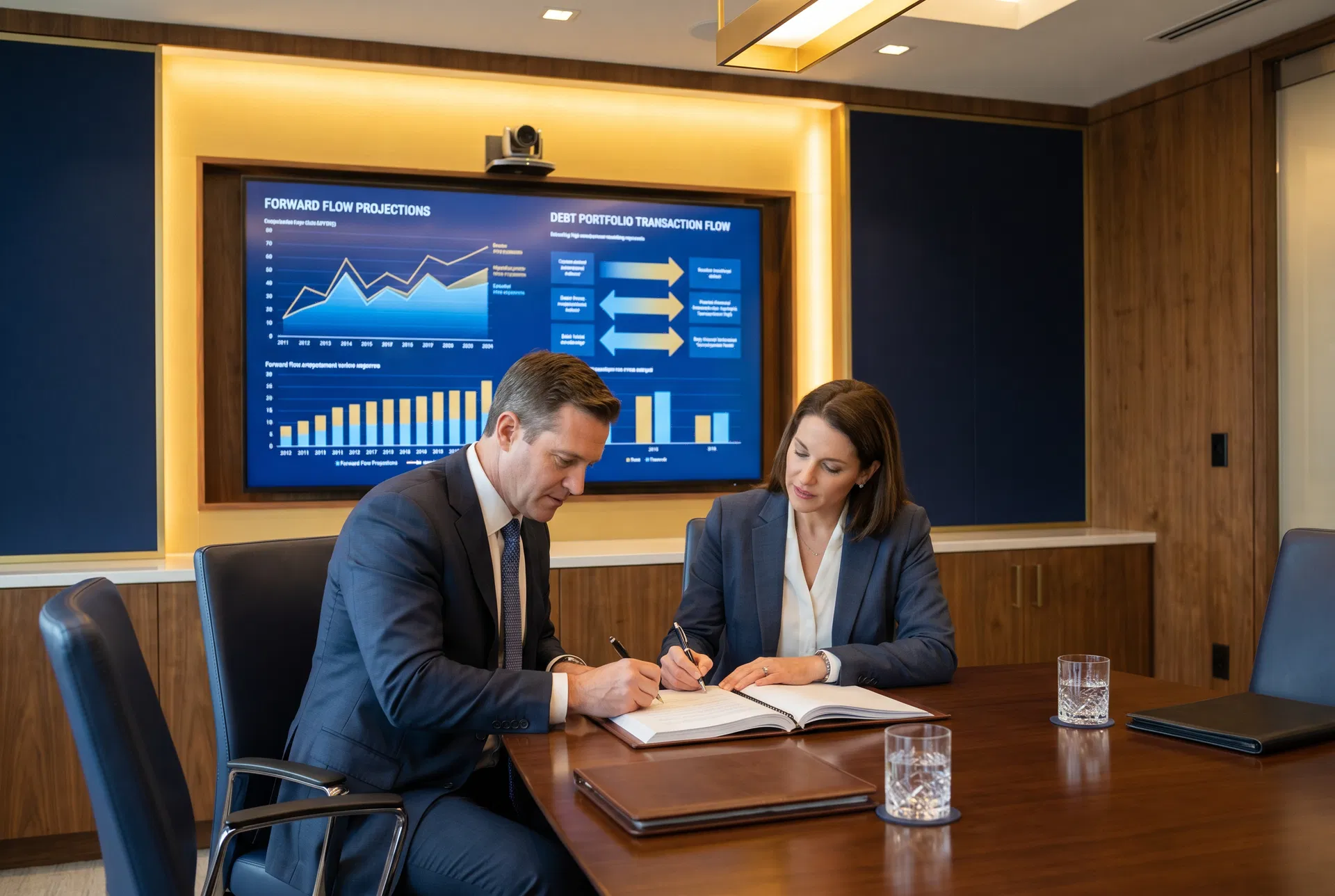 Forward flow agreement for debt portfolio sales — executives signing ongoing debt sale contract