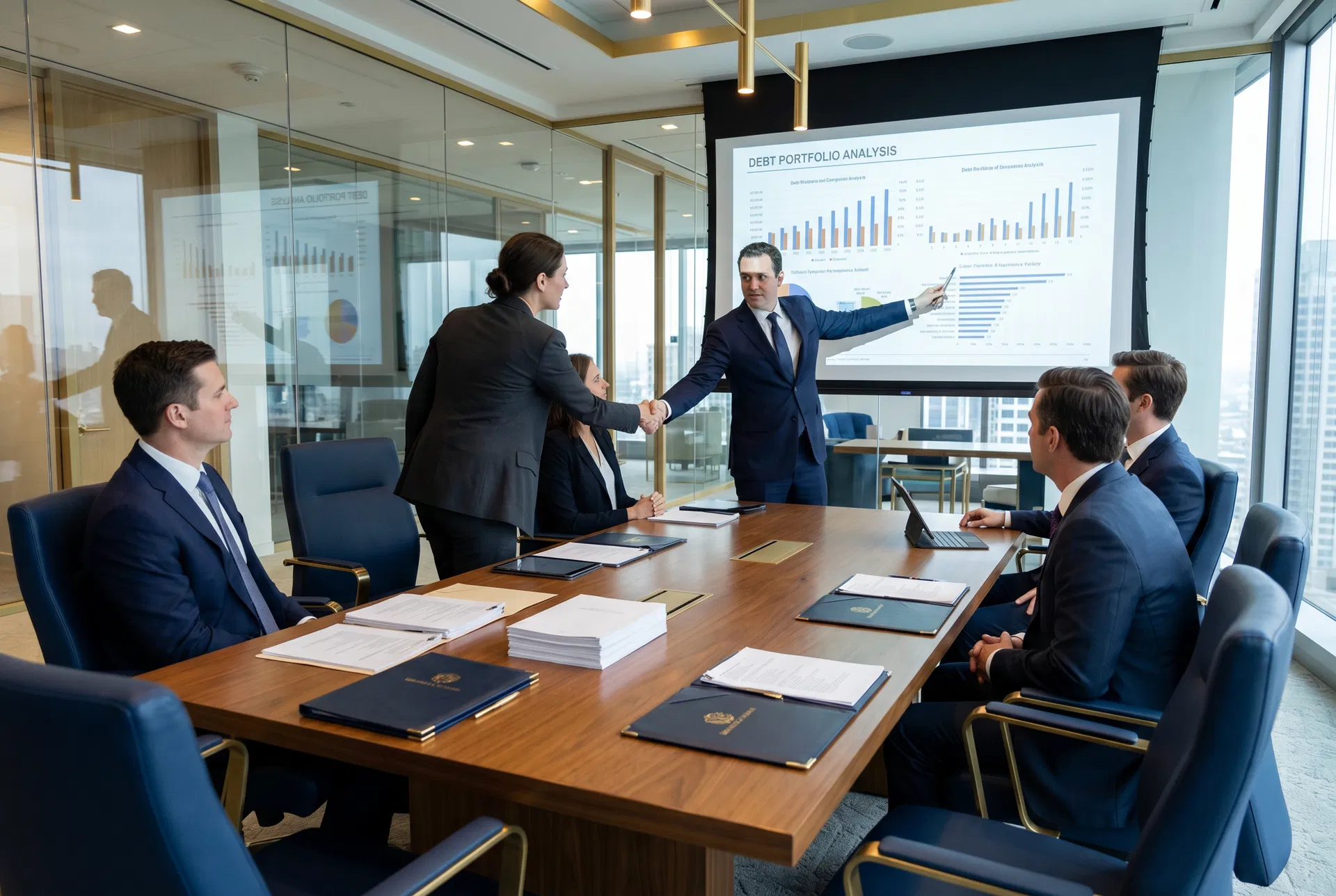 Debt portfolio sale process — creditor reviewing charge-off portfolio documentation before listing on Triton Financial Solutions marketplace