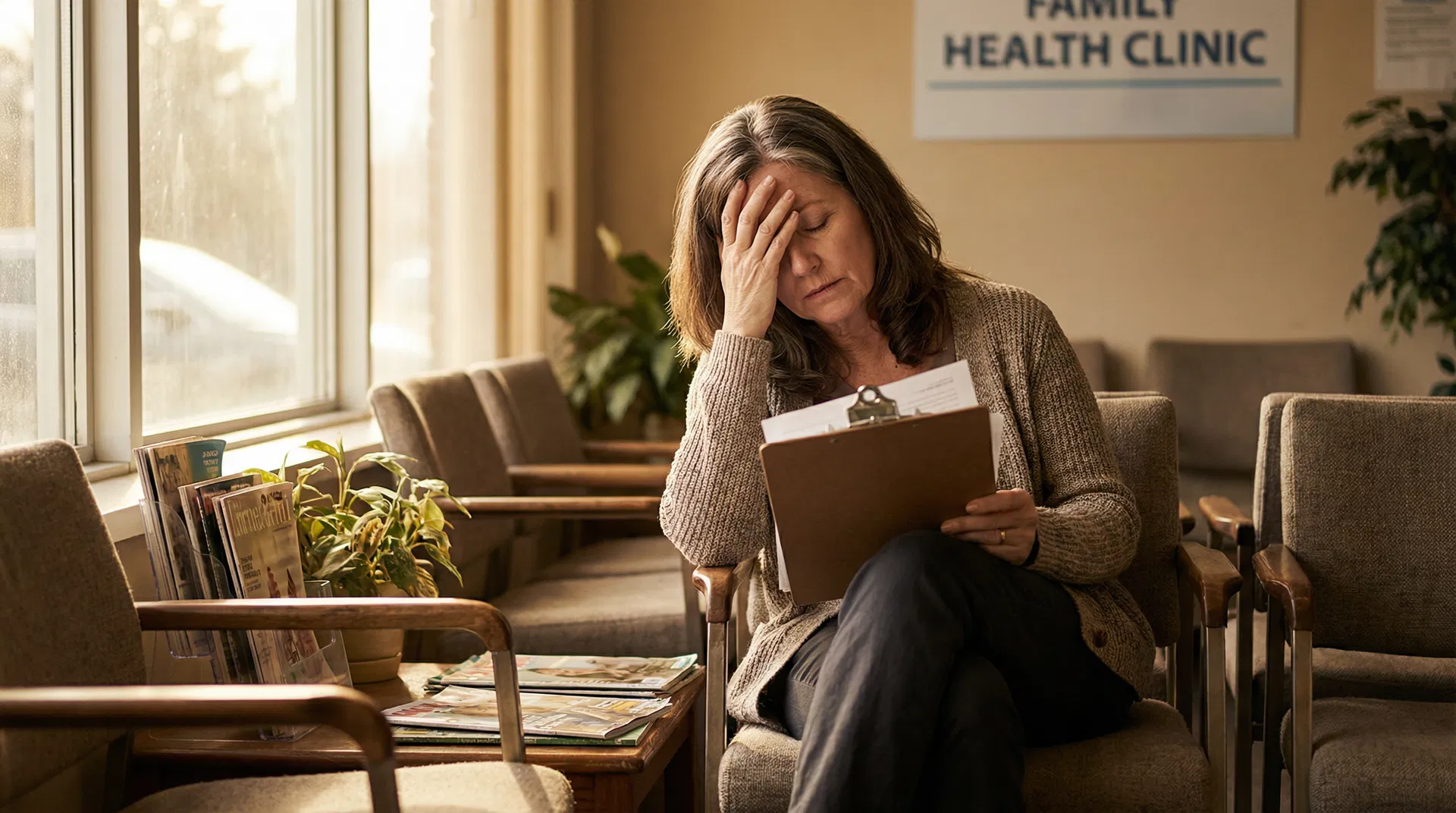 Woman in doctor's waiting room looking frustrated while holding medical paperwork