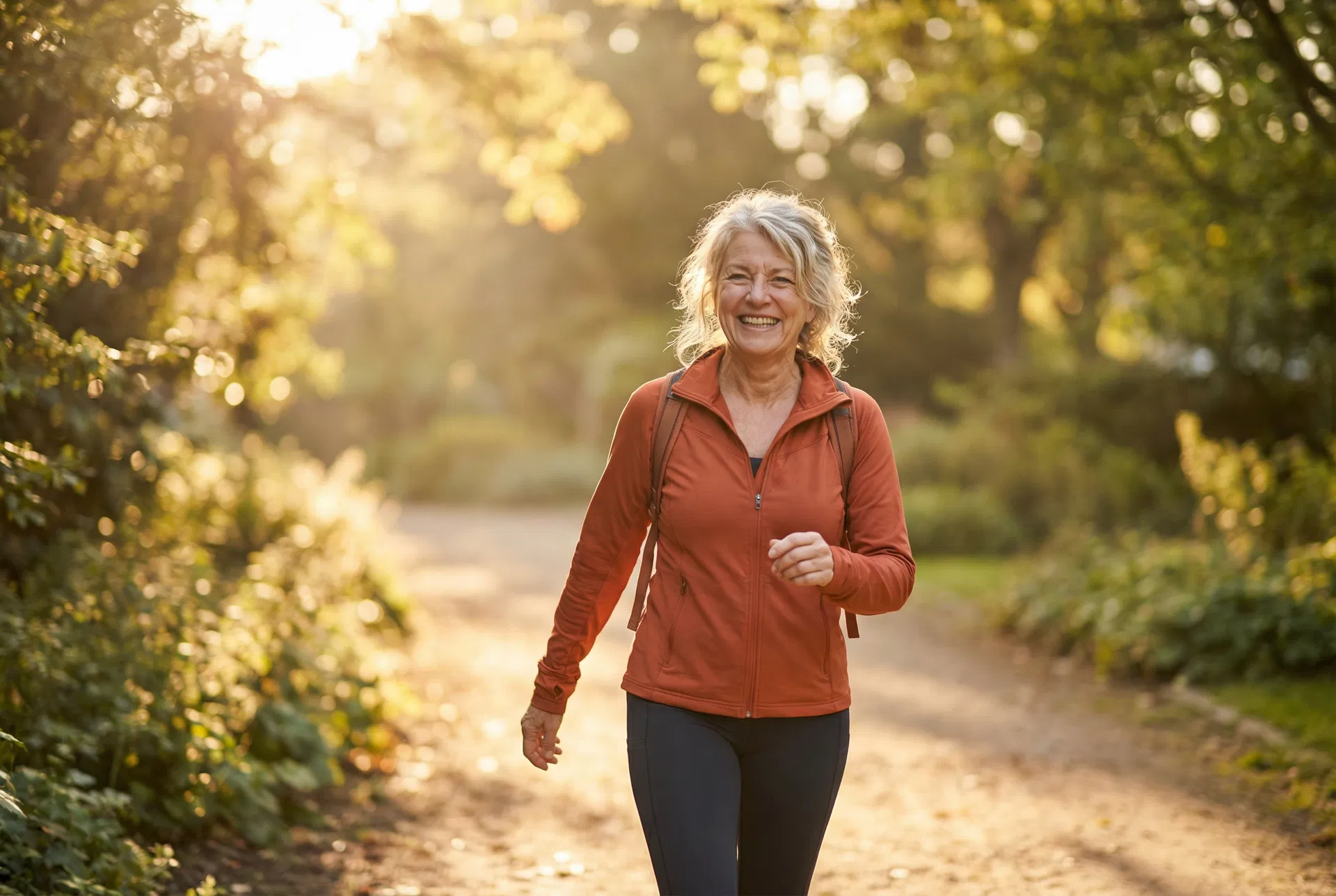 Radiant woman walking confidently outdoors in golden hour sunlight