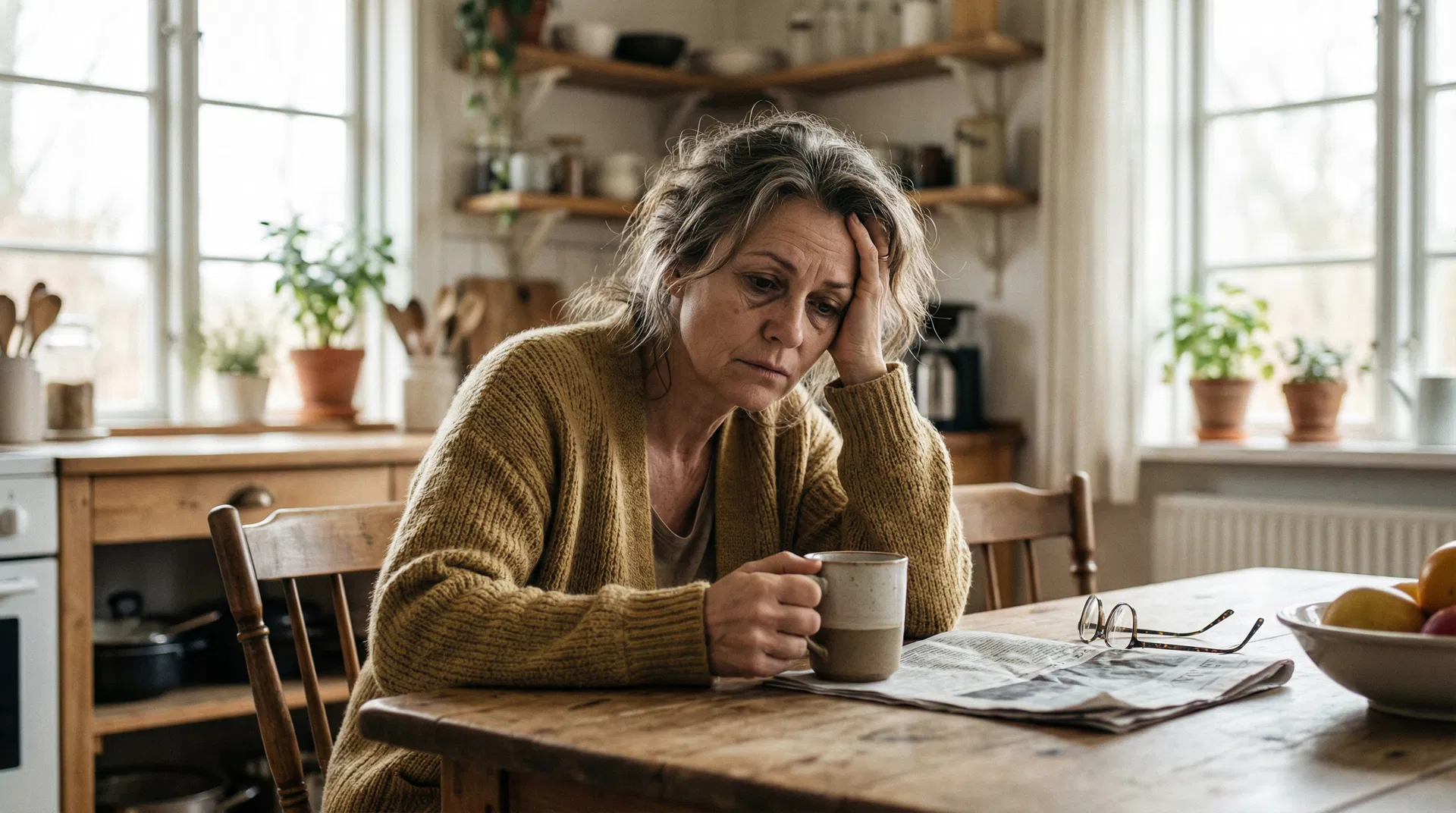 A woman sitting at her kitchen table, looking exhausted and frustrated