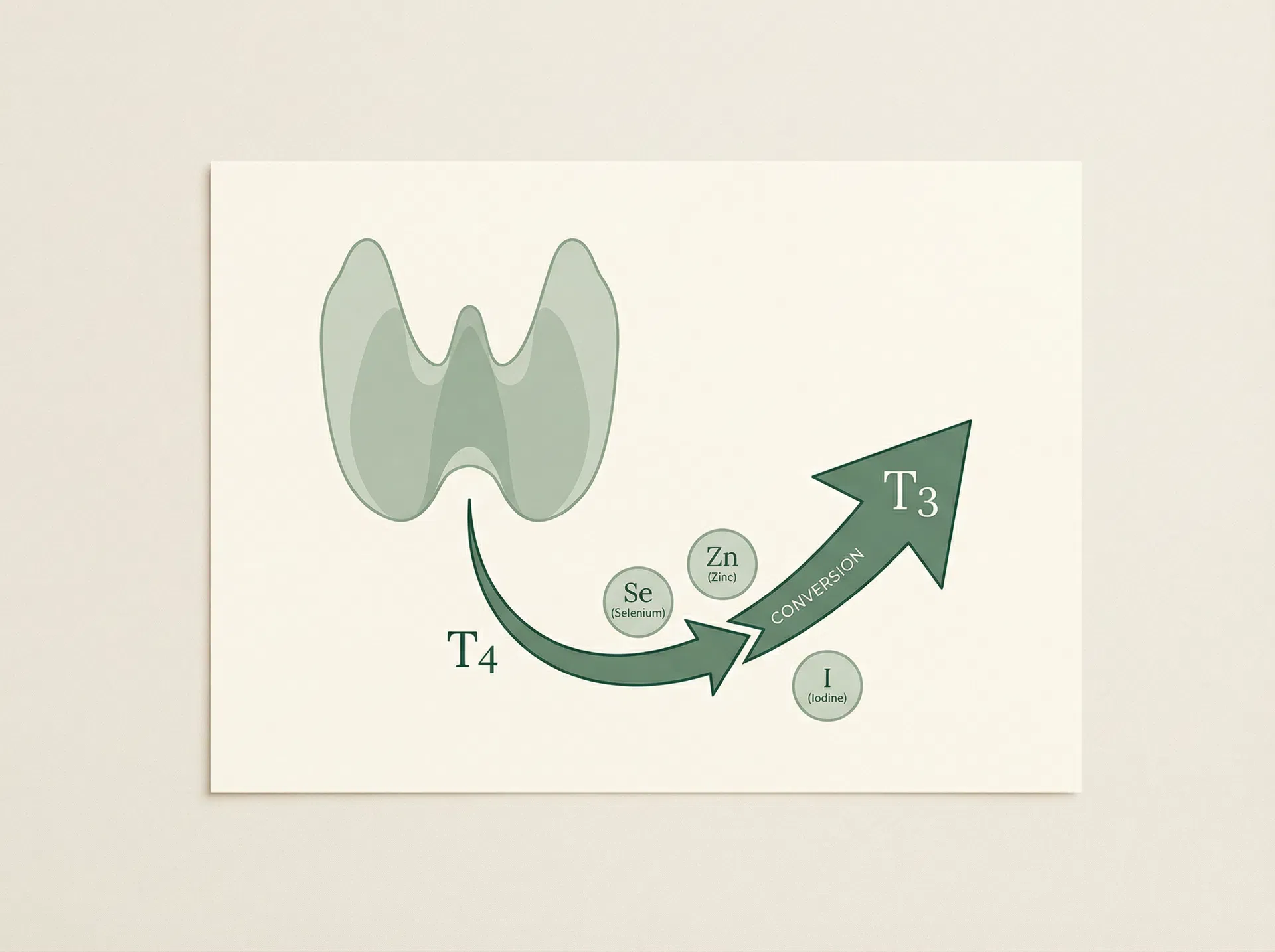 Diagram showing the T4 to T3 thyroid hormone conversion process with Selenium, Zinc, and Iodine as cofactors