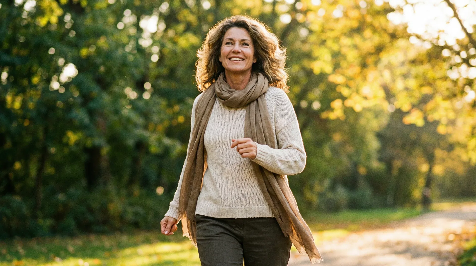 A vibrant, energized woman walking confidently outdoors during golden hour