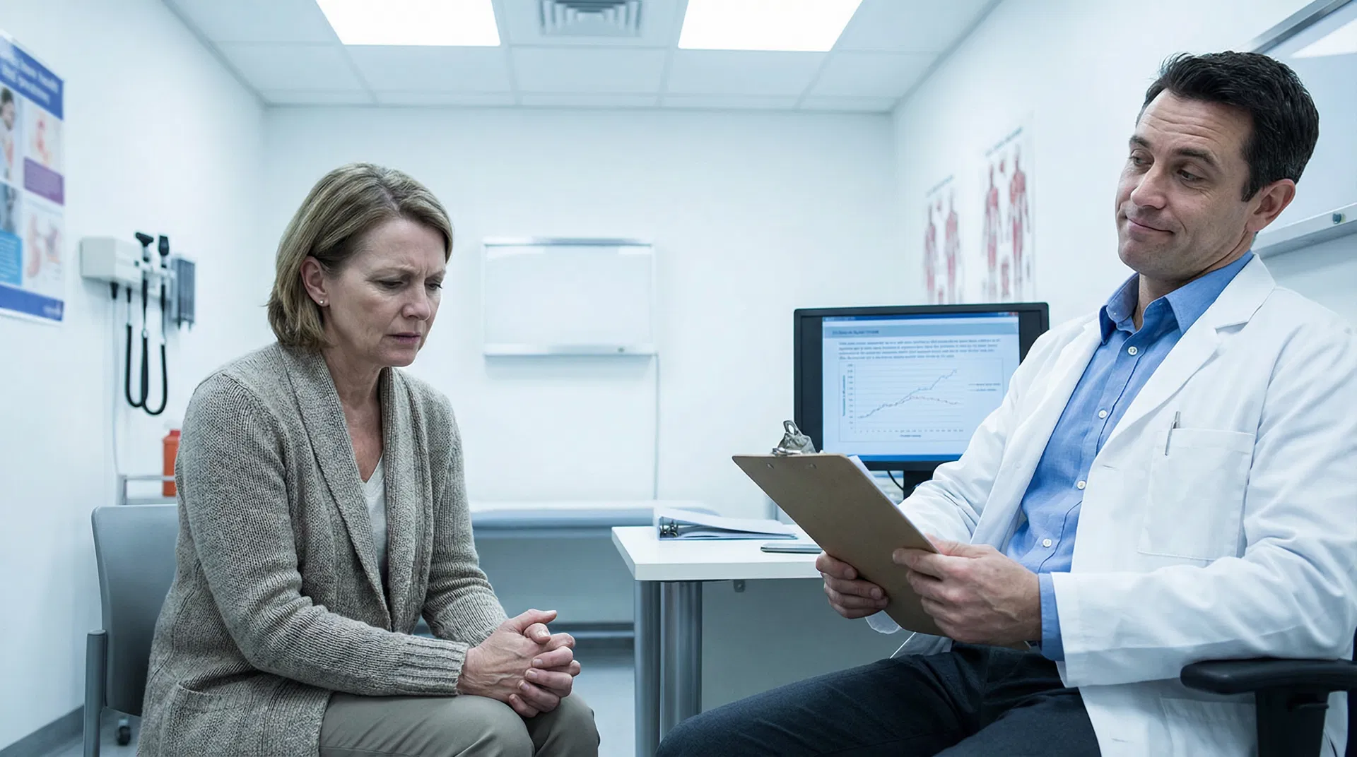 Woman sitting across from doctor in clinical office, looking frustrated