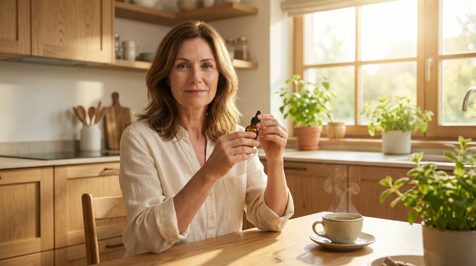 Woman holding thyroid support drops in morning sunlight