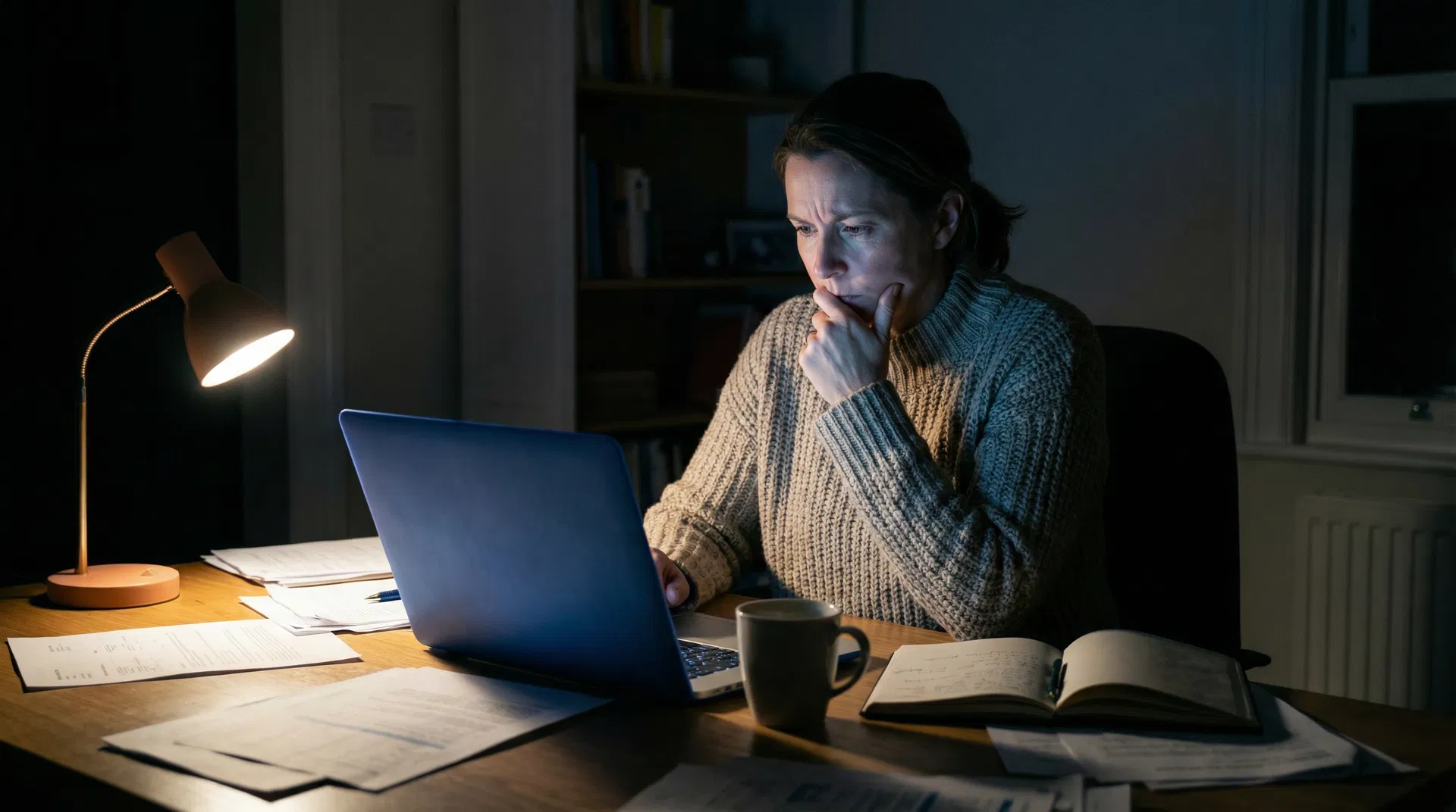 Woman researching at desk late at night, illuminated by laptop glow