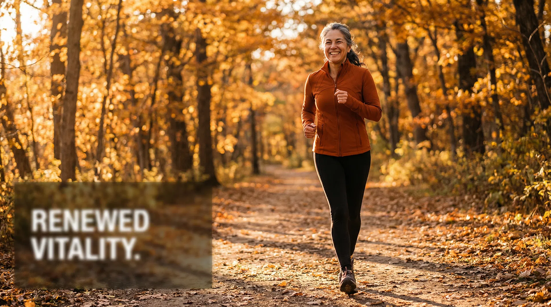 Vibrant woman walking confidently along autumn tree-lined path