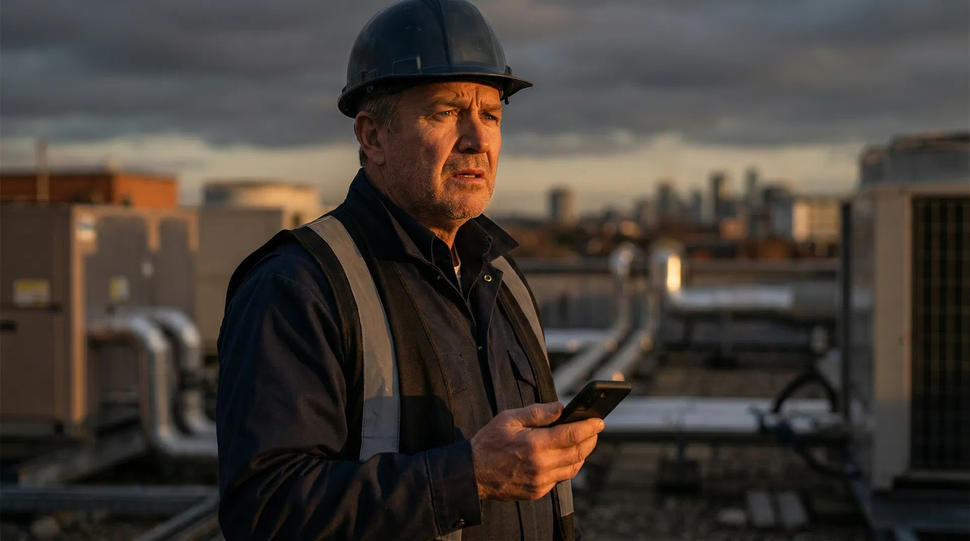 HVAC technician on job site looking at missed calls
